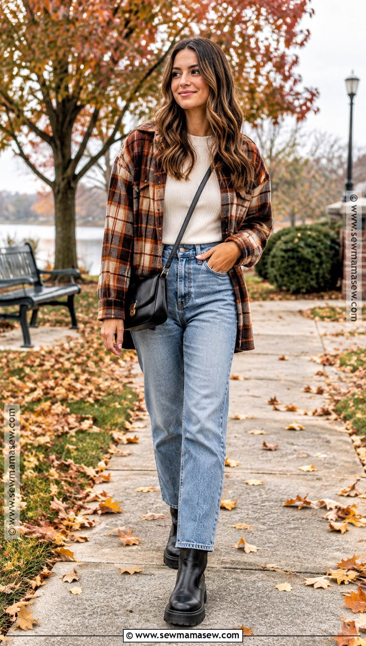 Plaid Shacket And Straight Leg Jeans Outfit - 30 fall outfits 2026 trends