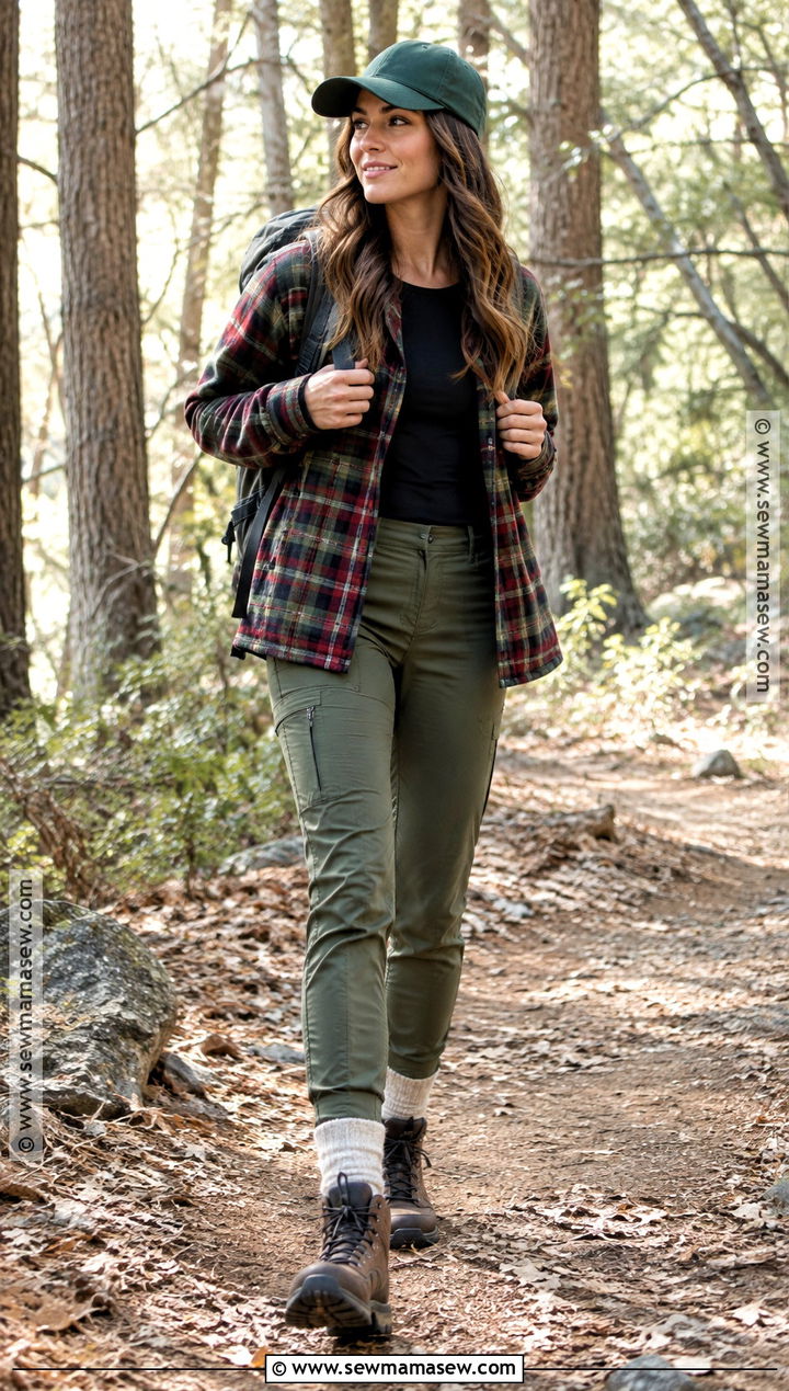 Plaid Shacket And Trail Pants Hiking Outfit - 20 Cute Fall Hiking Outfits for Women