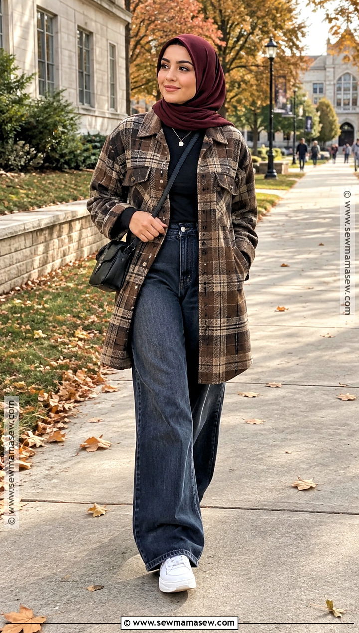 Plaid Shacket And Wide Leg Jeans Outfit - 20 fall outfits for hijabis