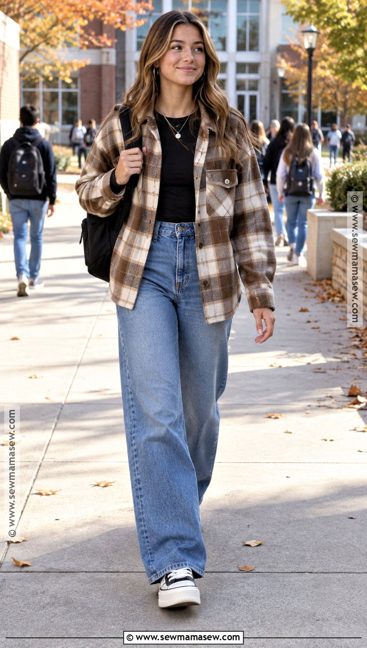 Plaid Shacket And Wide Leg Jeans School Outfit - 15 fall school outfits highschool baddie