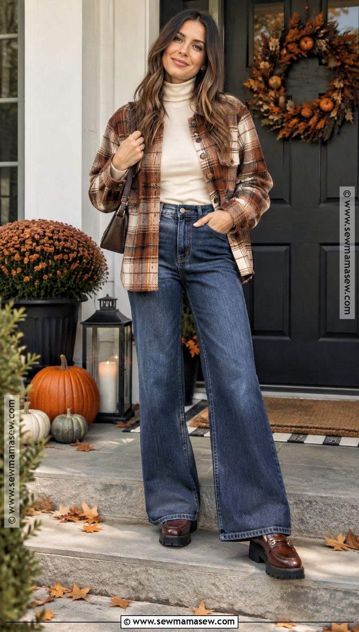 Plaid Shacket And Wide Leg Jeans Thanksgiving Outfit - 20 Jeans Thanksgiving Outfit