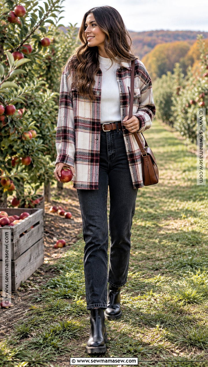 Plaid Shacket Apple Picking Outfit With Straight Jeans - 20 Apple Picking Outfits Fall