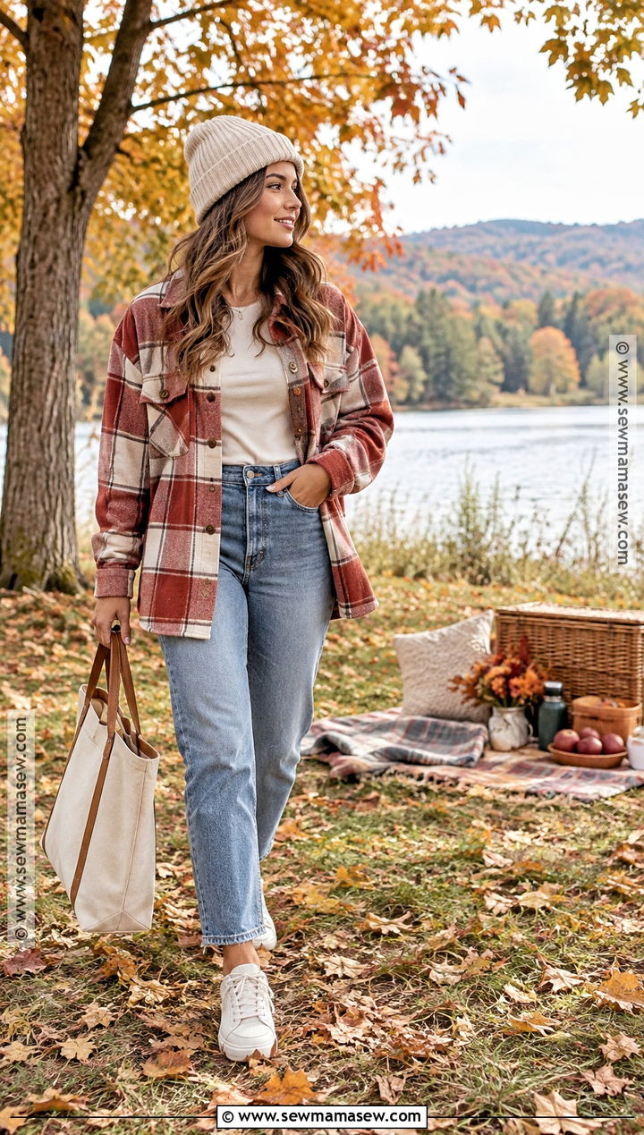 Plaid Shacket Autumn Picnic Outfit - 25 autumn picnic outfit ideas