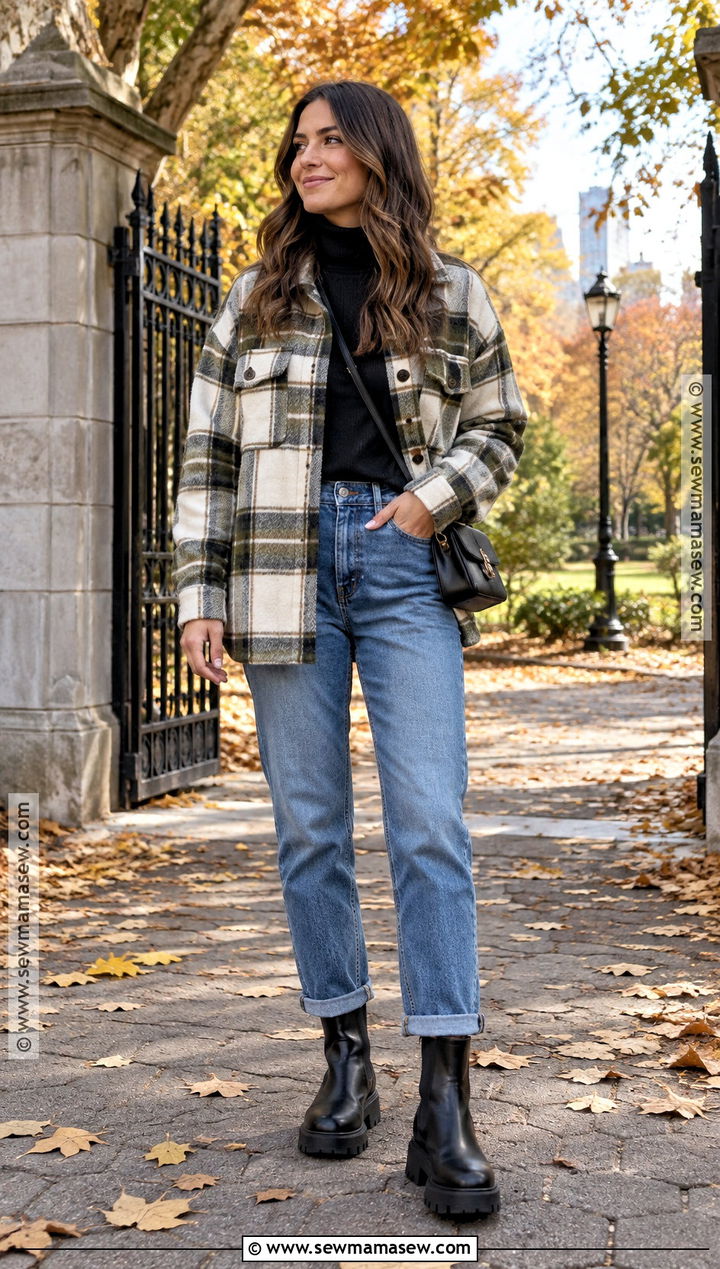 Plaid Shacket Cuffed Jeans and Lug Sole Boots - 20 Fall Boots Outfit Jeans