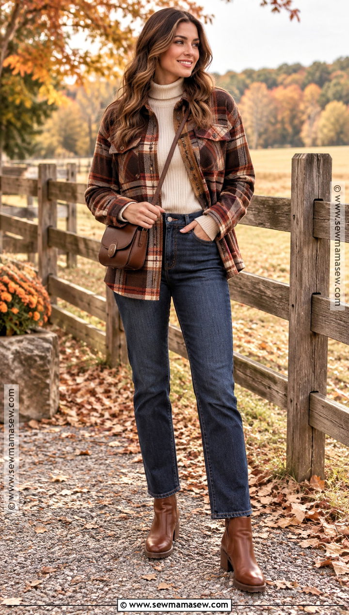 Plaid Shacket Fall Outfit With Turtleneck And Jeans - 15 casual looks for fall 2026