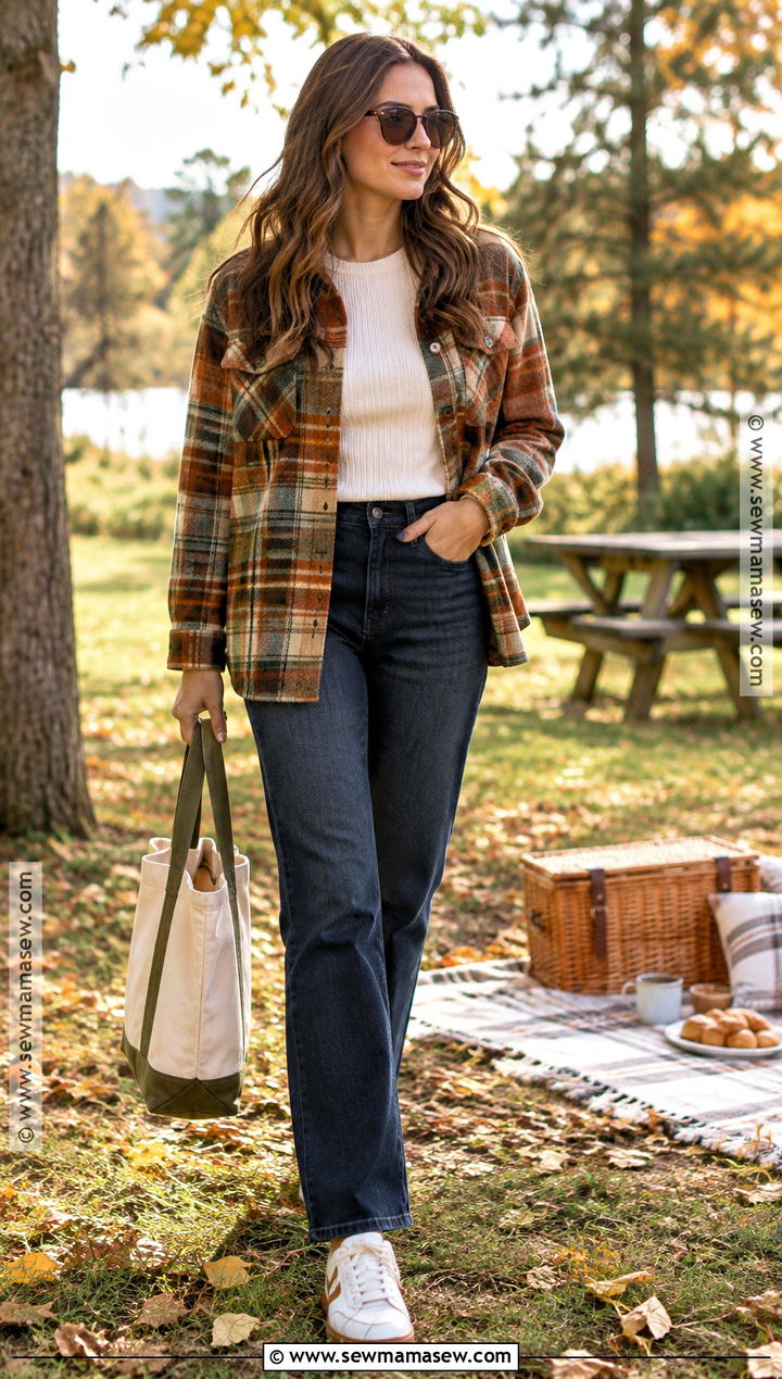Plaid Shacket Fall Picnic Outfit With Jeans And Sneakers - 20 picnic outfit fall ideas