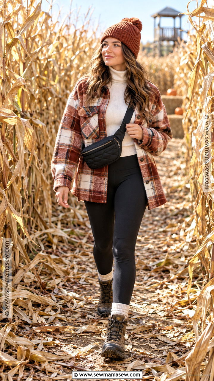 Plaid Shacket Farm Outfit With Leggings And Hiking Boots - 20 Fall Farm Outfits for Women