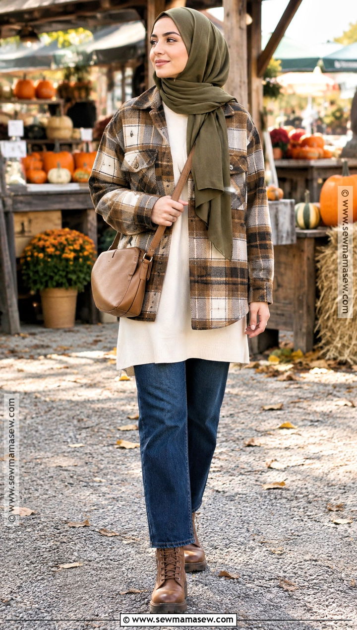 Plaid Shacket Hijab Outfit - 15 hijab outfit autum ideas
