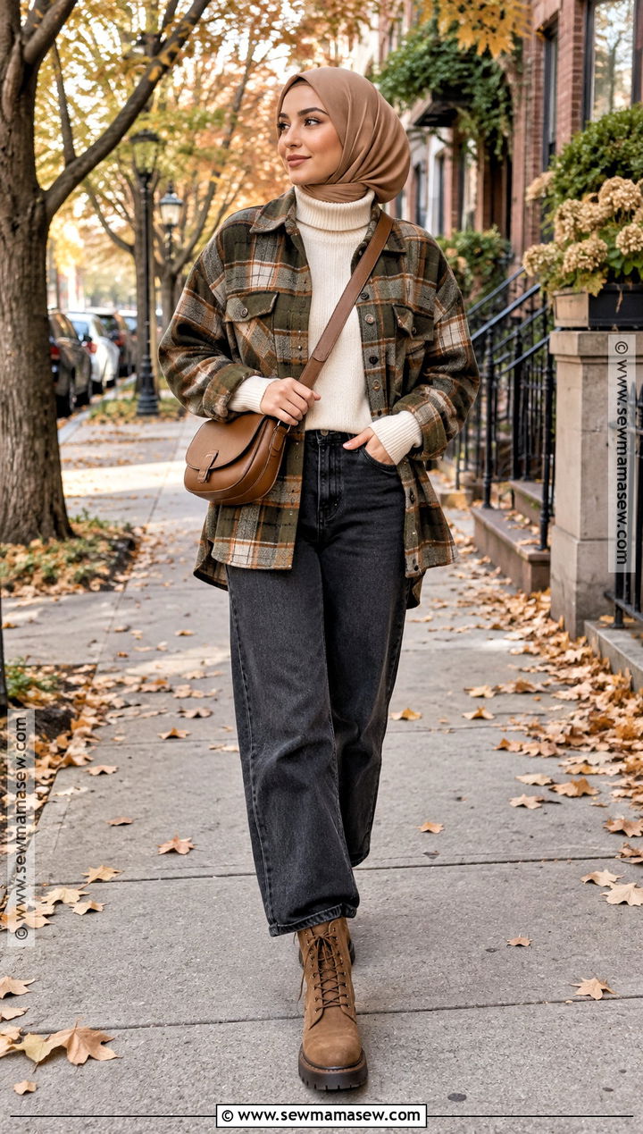 Plaid Shacket Hijabi Fall Outfit - 25 hijabi fall outfits