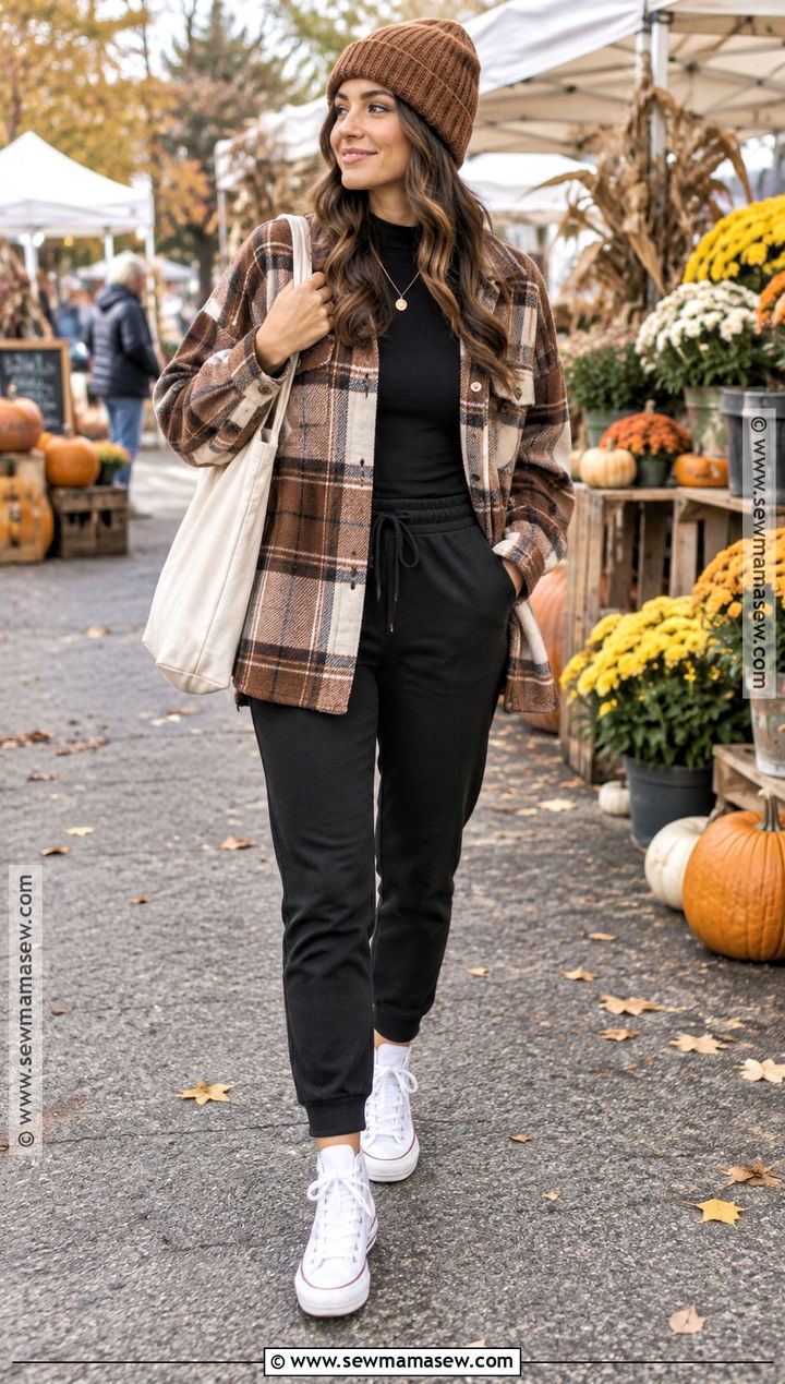 Plaid Shacket Joggers And High Tops Outfit - 25 autumn outfits streetwear