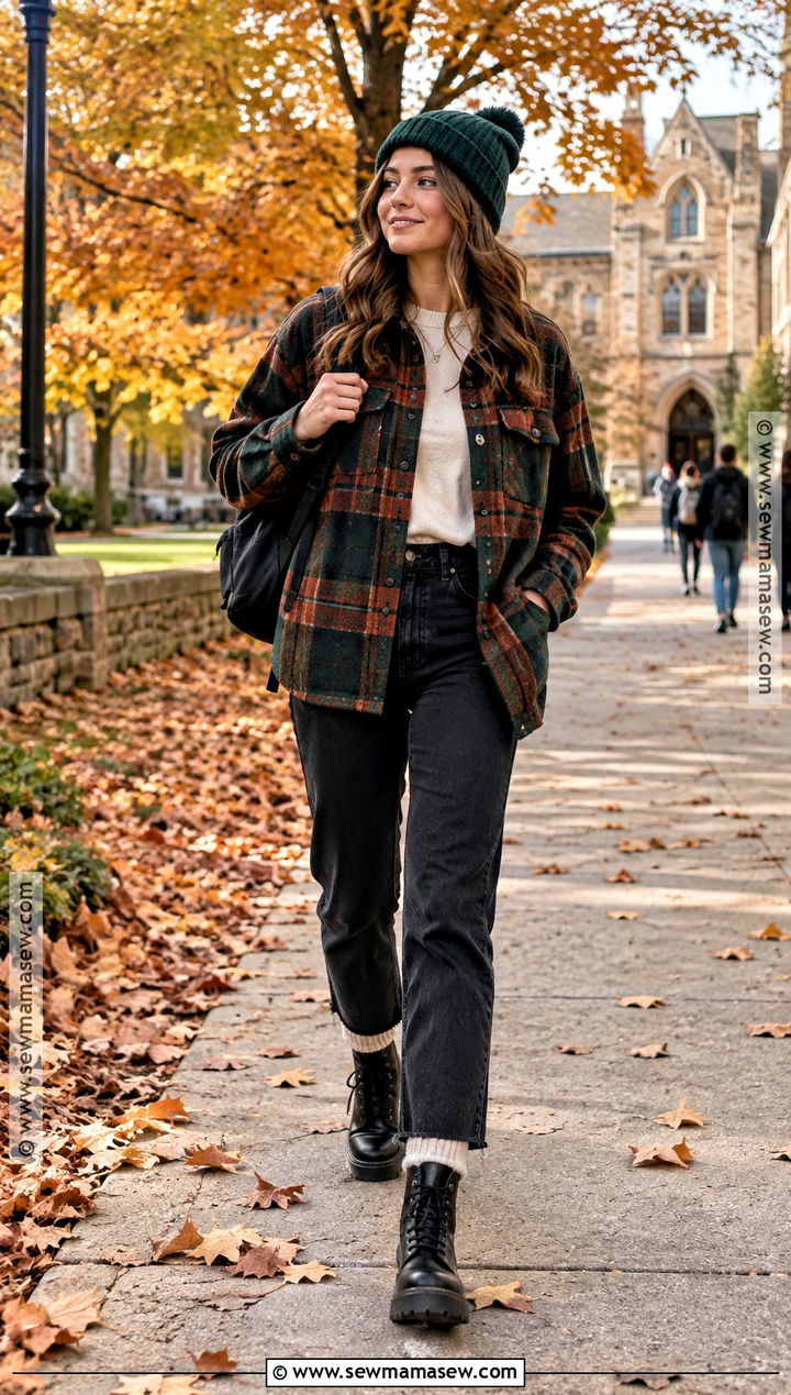 Plaid Shacket Long Sleeve Tee And Black Jeans Campus Outfit - 15 autumn campus outfits