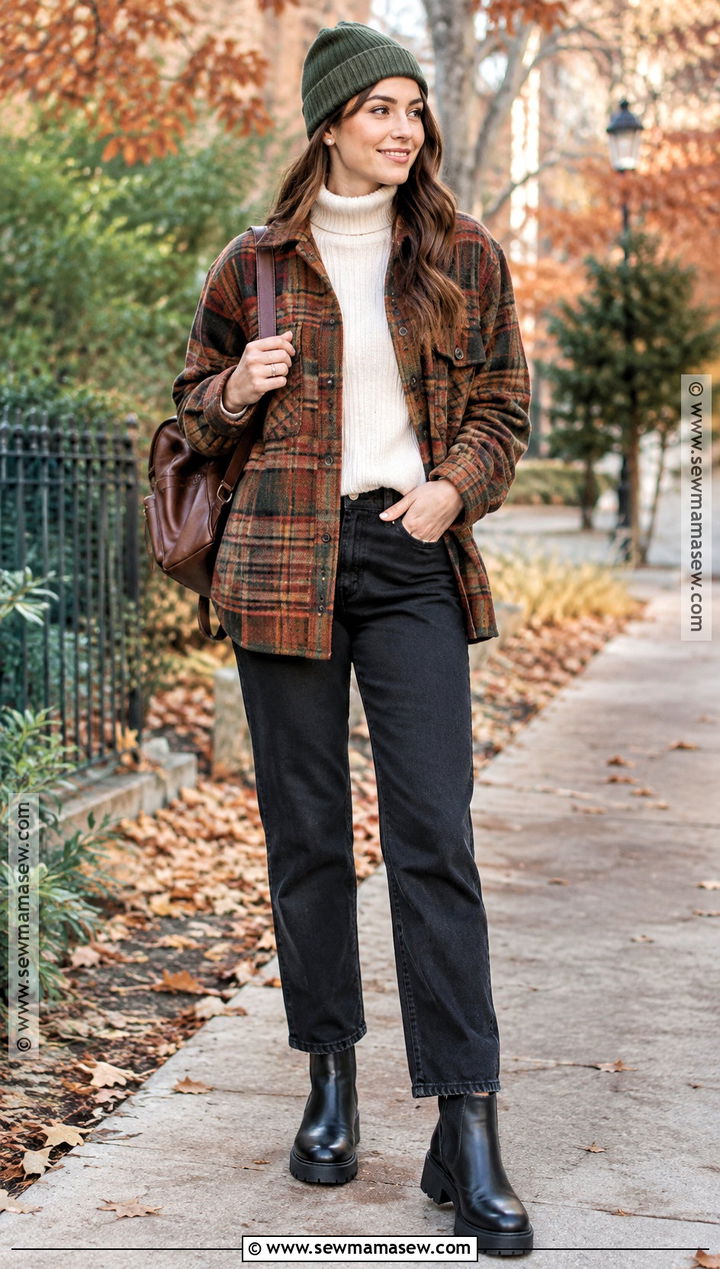 Plaid Shacket Turtleneck and Black Jeans Fall Outfit - 15 fall outfits with accessories