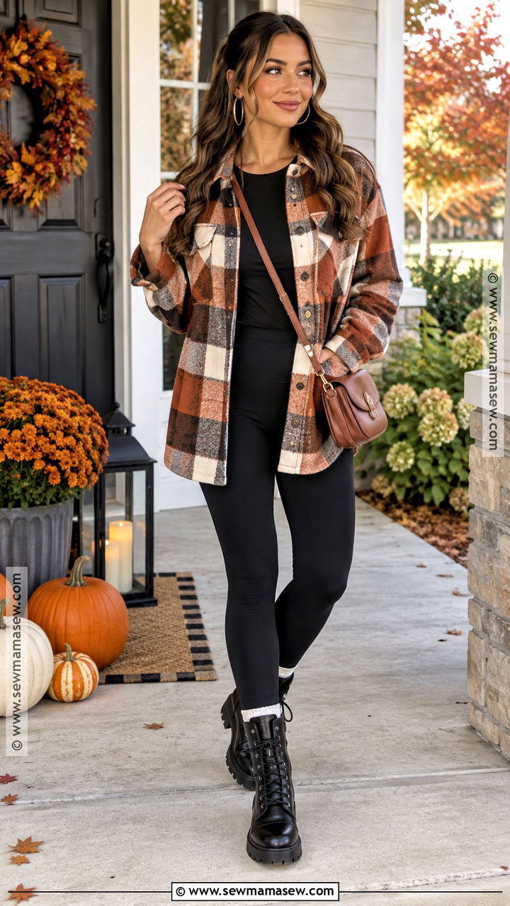 Plaid Shacket With Black Leggings - 20 Thanksgiving Outfit With Leggings
