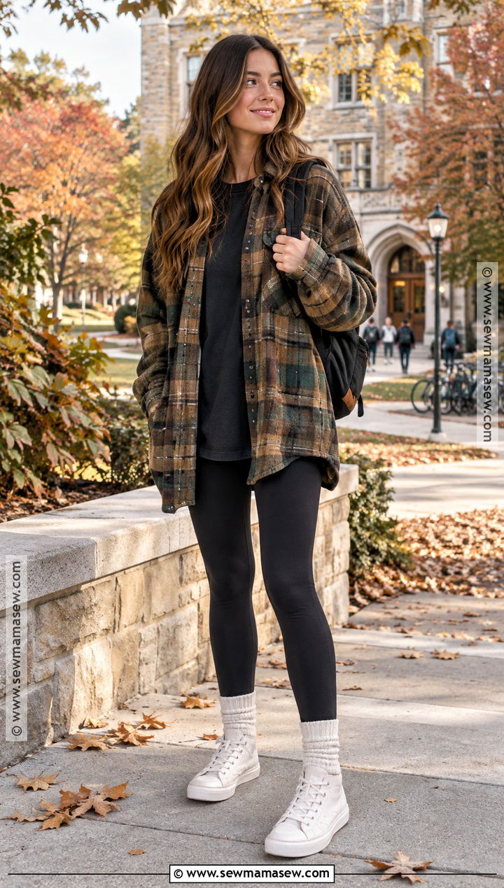 Plaid Shacket With Black Leggings And High Top Sneakers - 20 outfits for fall school