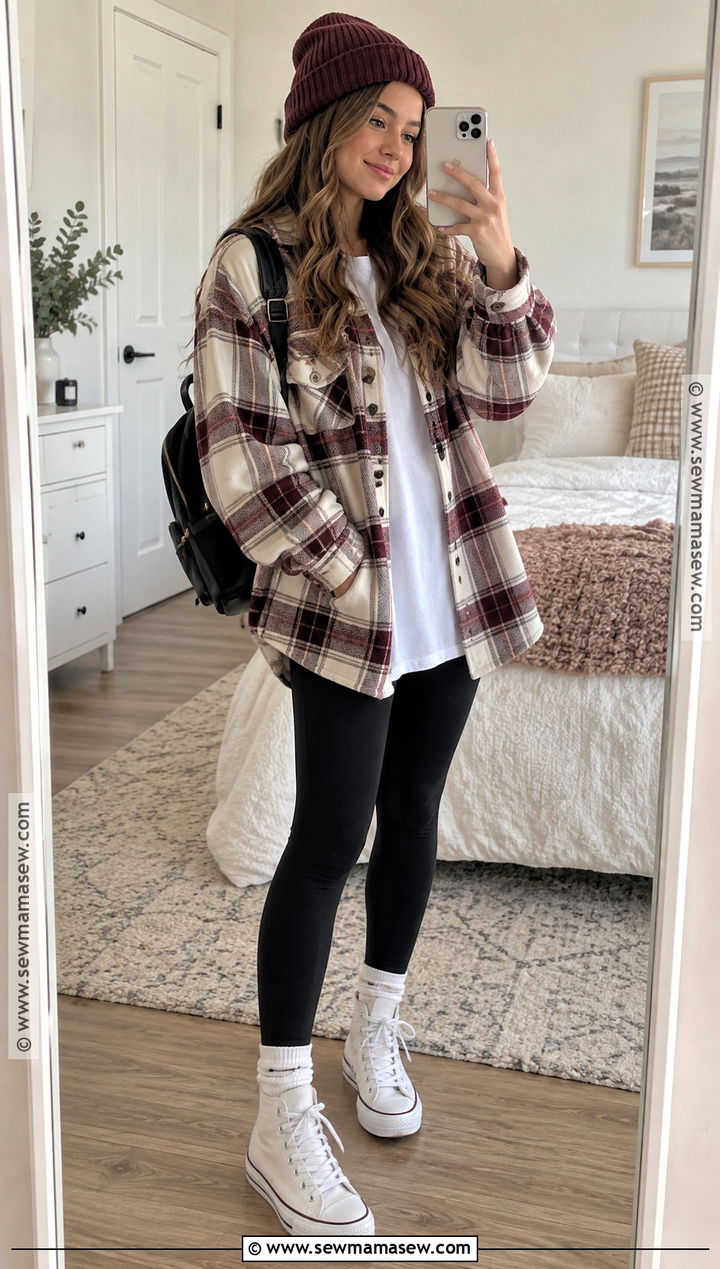 Plaid Shacket With Black Leggings - 15 girls fall fashion ideas 2026