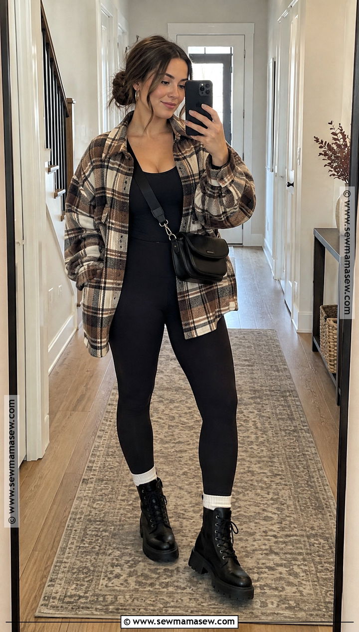 Plaid Shacket With Bodysuit And Leggings - 25 fall baddie outfits