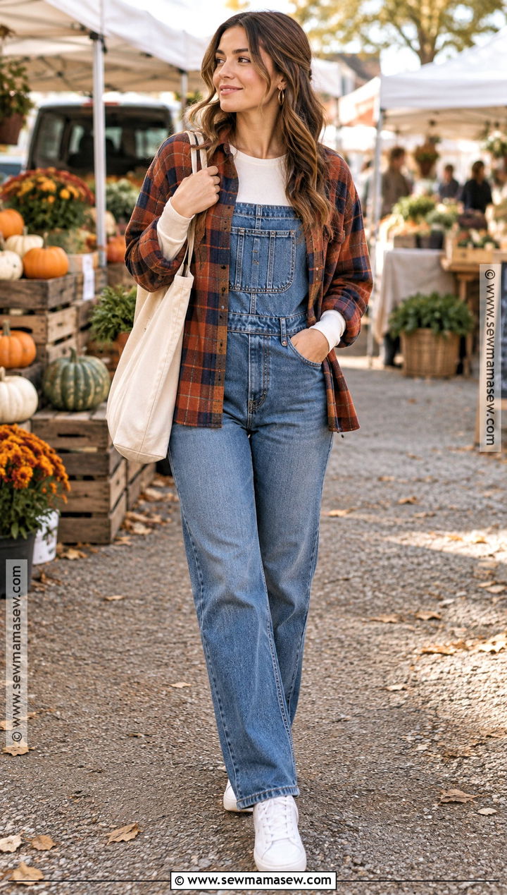 Plaid Shacket With Denim Overalls And Sneakers - 20 Shacket Outfit Women Fall Ideas