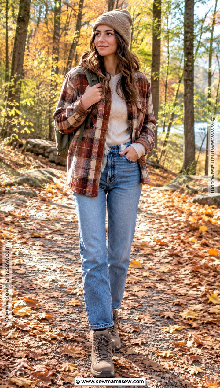 Plaid Shacket With Jeans And Hiking Boots - 25 fall outfits ideas