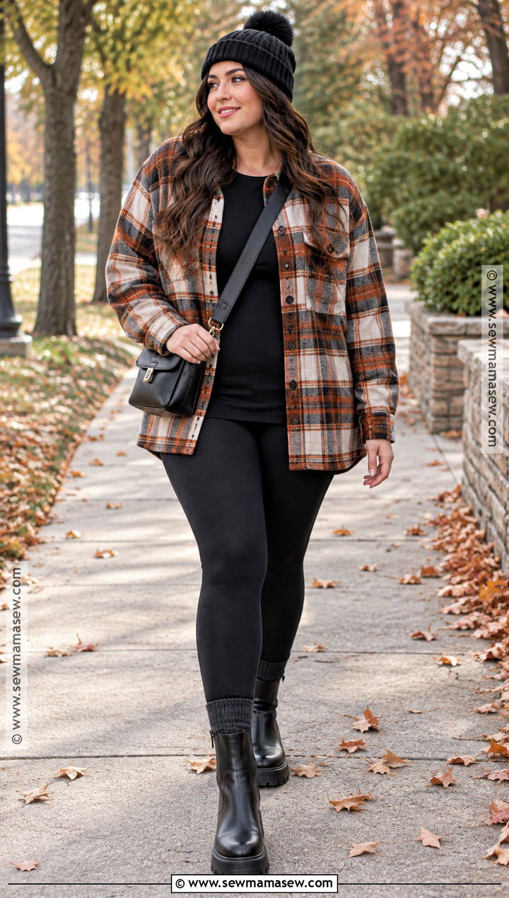 Plaid Shacket With Leggings And Boots - 15 Fall Plaid Fashion Style Ideas