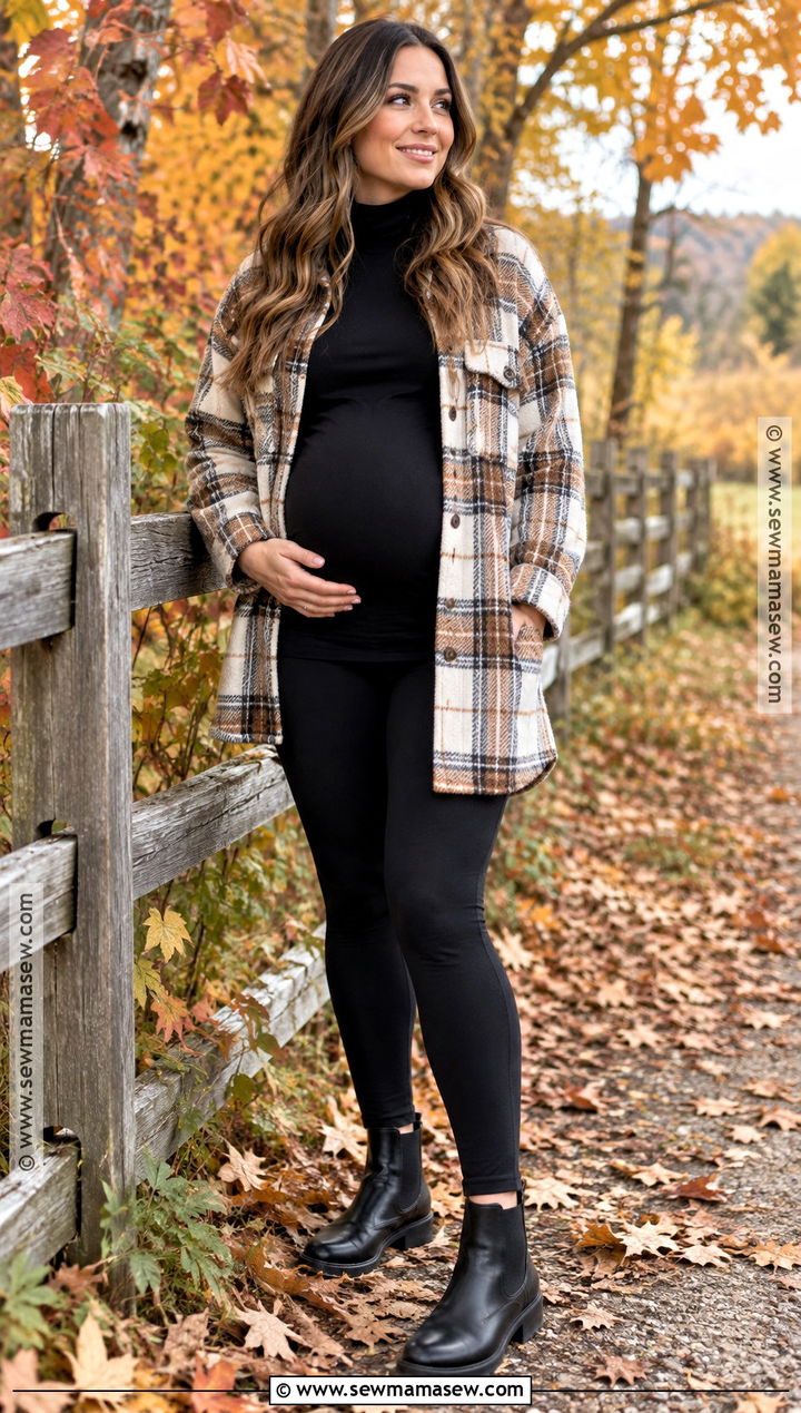 Plaid Shacket With Leggings And Boots - 15 casual maternity outfits photoshoot fall