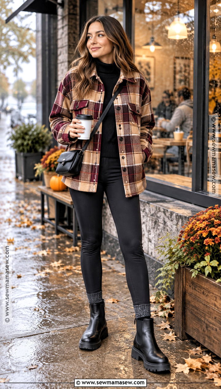 Plaid Shacket With Leggings And Chelsea Boots - 15 cozy fall outfits casual rainy day
