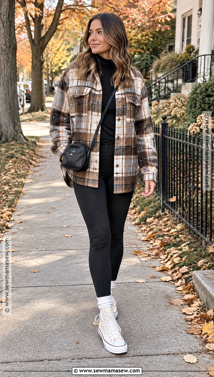 Plaid Shacket With Leggings And High Top Sneakers - 15 fall fashion with sneakers