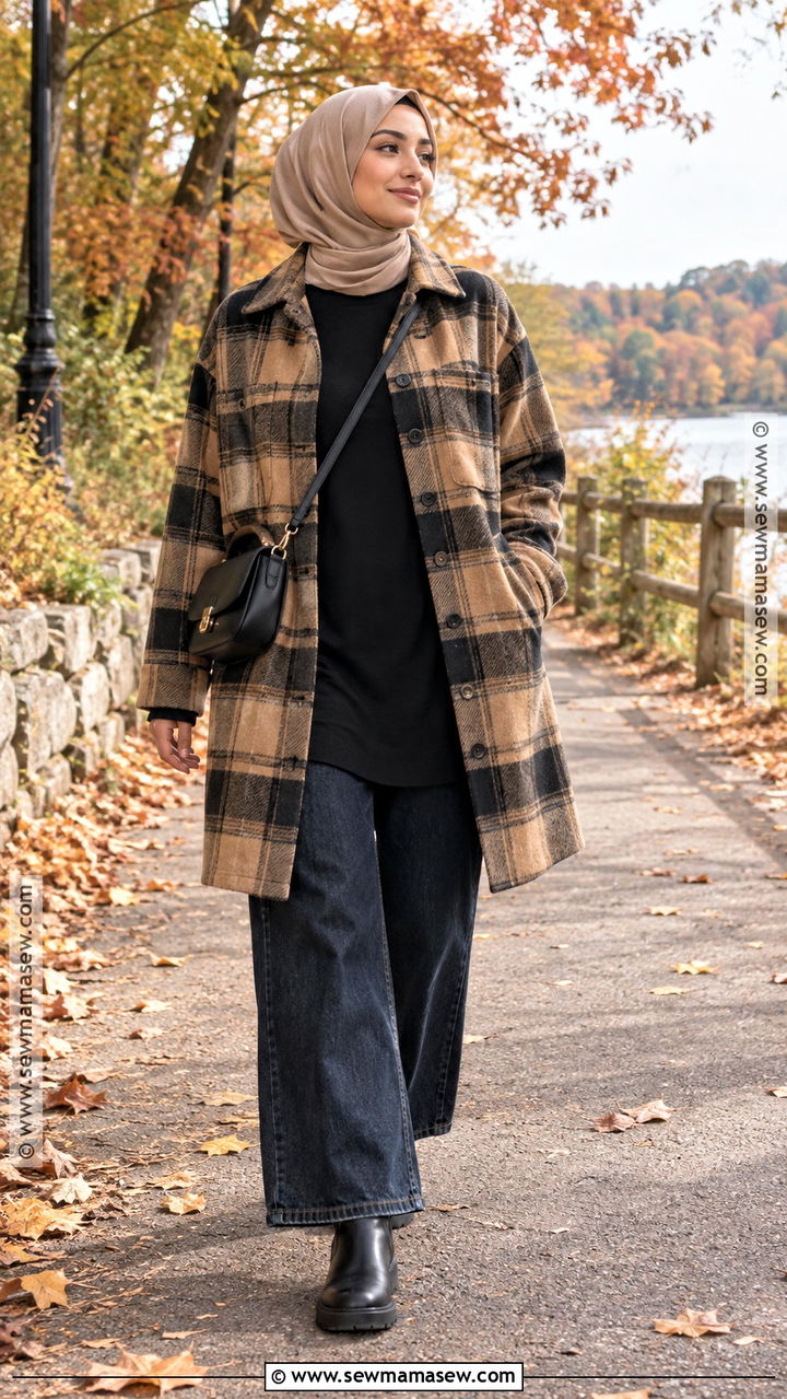 Plaid Shacket With Long Tunic And Wide Leg Jeans - 20 Muslim Fall Outfits