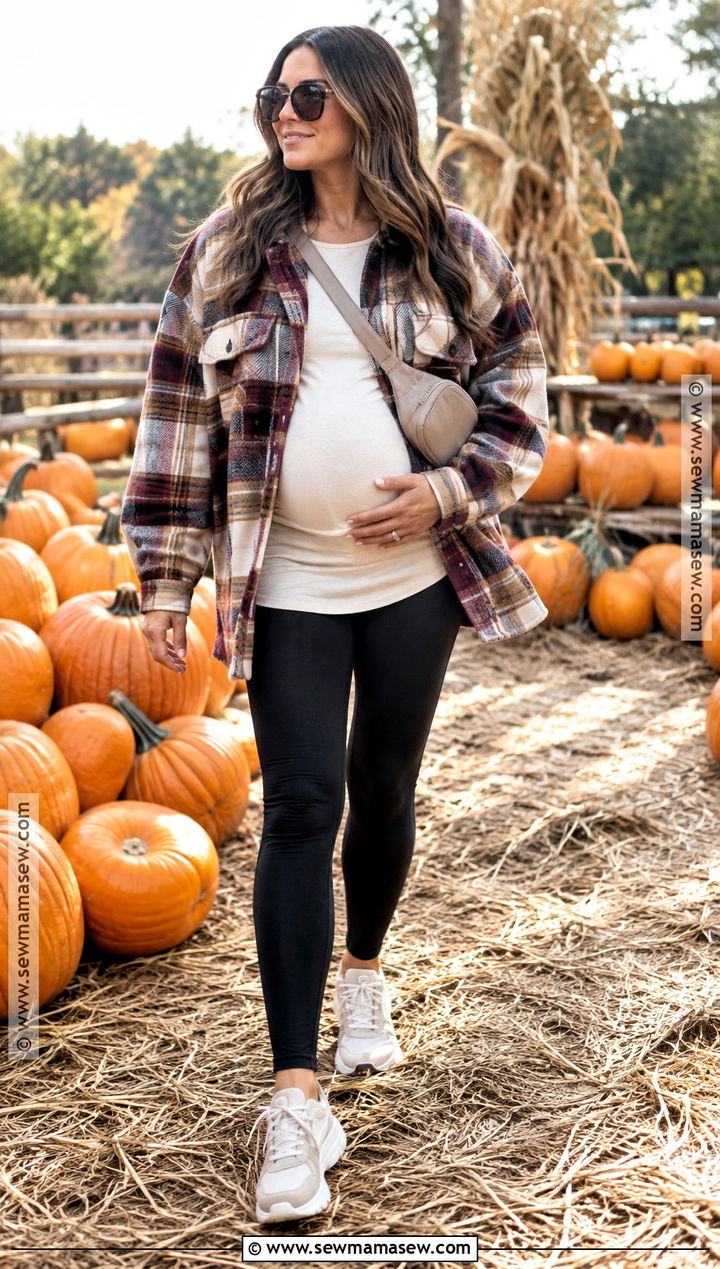 Plaid Shacket With Maternity Leggings And Sneakers - 20 Pumpkin Patch Outfit Pregnant Ideas