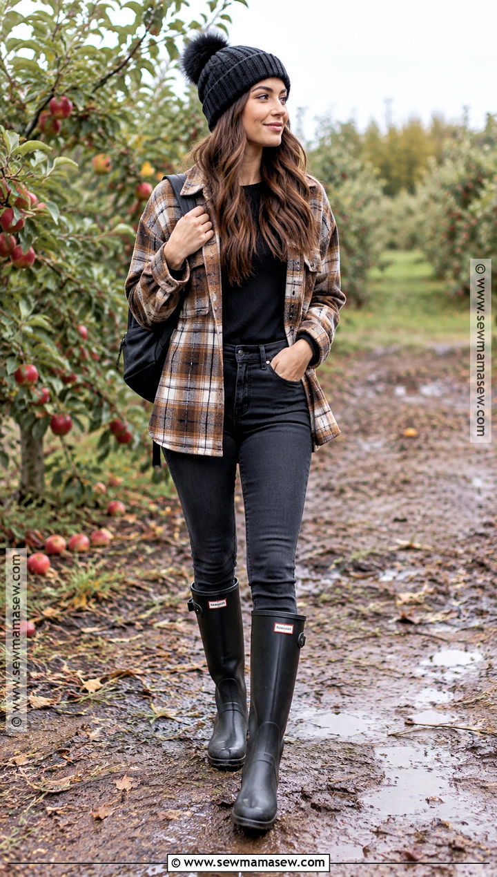 Plaid Shacket With Skinny Jeans And Rain Boots - 15 Fall Fashion Rain Boot Ideas