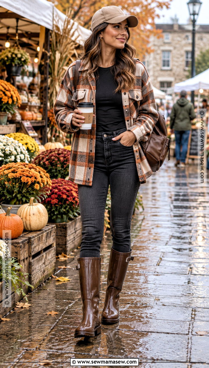 Plaid Shacket With Skinny Jeans And Rain Boots - 15 Autumn Outfit With Rain Boots