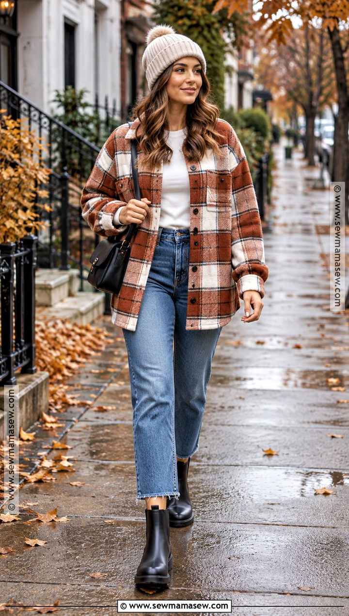 Plaid Shacket With Straight Jeans And Ankle Rain Boots - 20 rainboots outfit fall ideas
