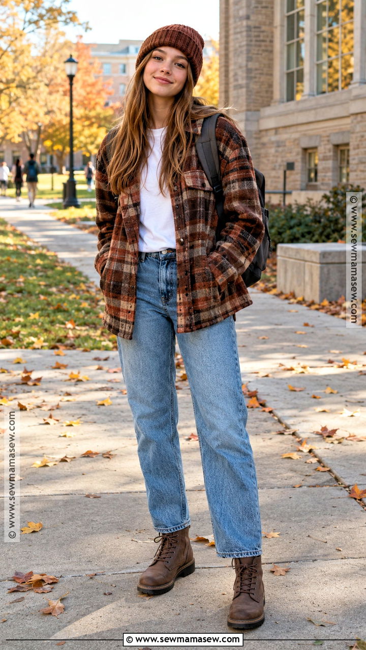 Plaid Shacket With Straight Leg Jeans - 20 Autumn Outfits Teenage for Girls