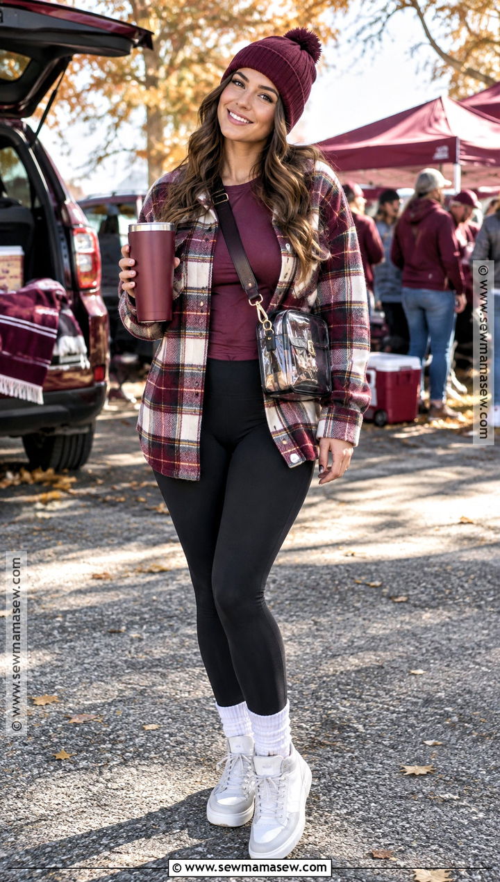 Plaid Shacket With Team Tee And Black Leggings - 25 college football game outfit fall ideas