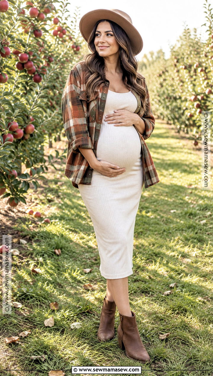 Plaid Shacket With a Maternity Dress and Boots - 15 fall maternity photo outfits