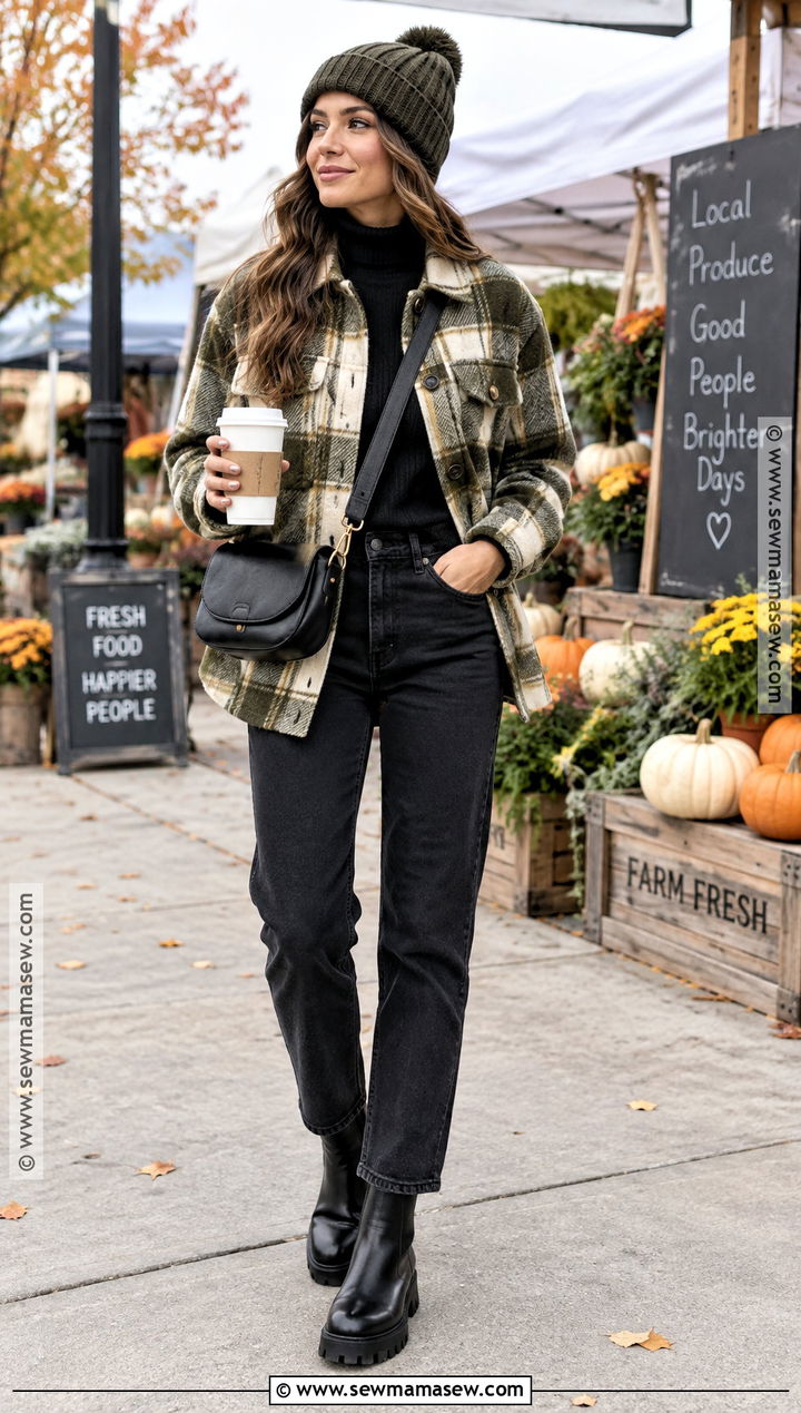 Plaid Shacket and Black Jeans Fall Outfit - 20 fall warm outfits