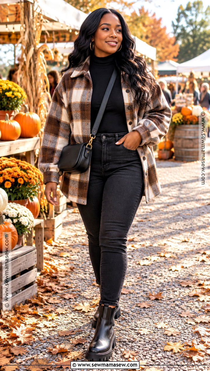 Plaid Shacket and Black Jeans Fall Outfit for Black Women - 20 Black Women Outfits Fall