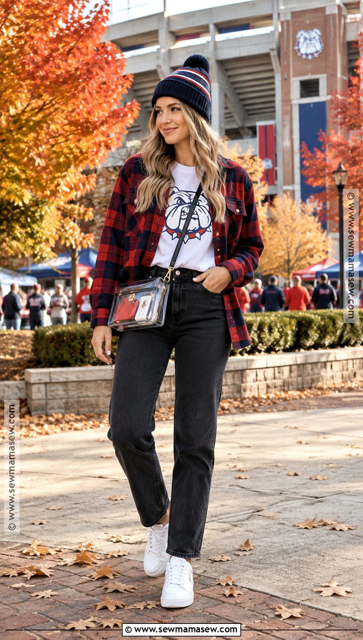 Plaid Shacket and Black Jeans Game Day Outfit - 20 fall college football game outfit ideas