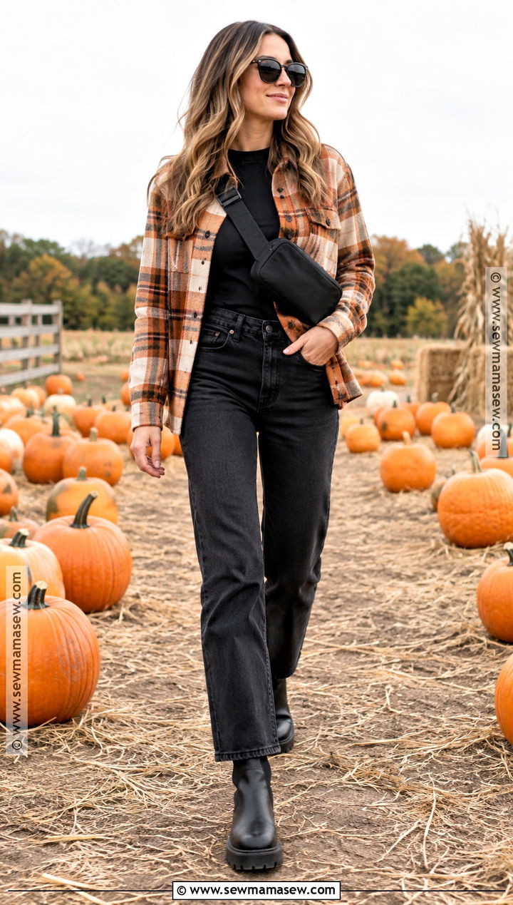 Plaid Shacket and Black Jeans Pumpkin Patch Outfit - 20 Pumpkin Patch Mom Outfit Ideas
