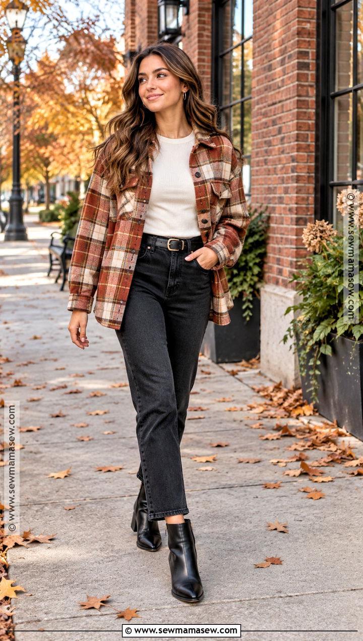 Plaid Shacket and Black Jeans Senior Picture Outfit - 15 autumn senior pictures outfits