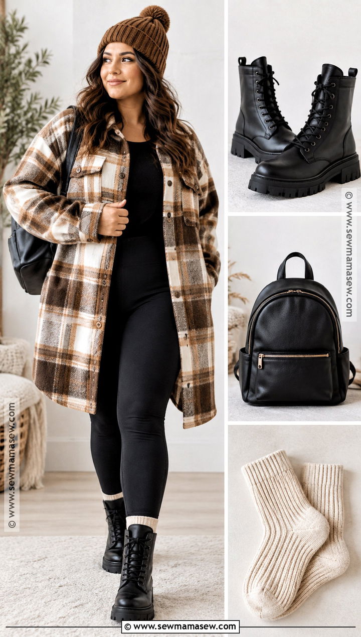 Plaid Shacket and Black Leggings Autumn Outfit - 15 cozy autumn outfit collage ideas