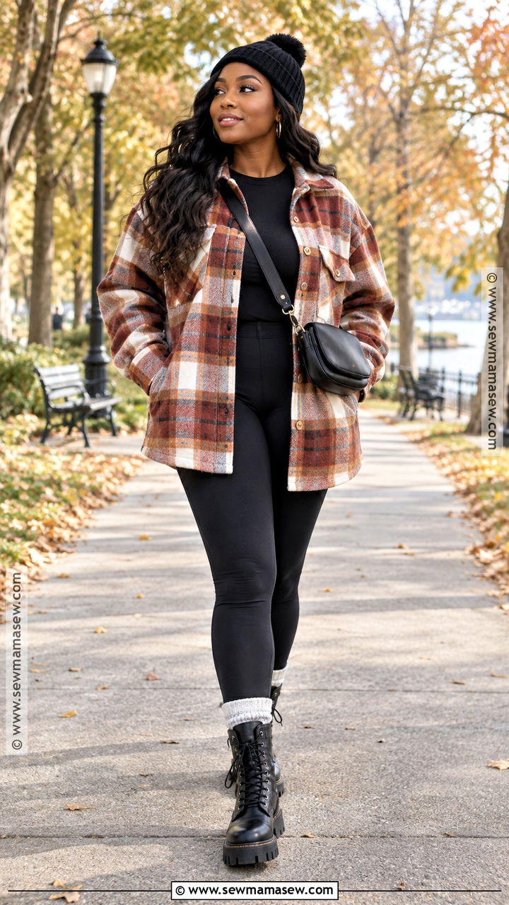 Plaid Shacket and Black Leggings Fall Outfit - 20 fall outfits for black women