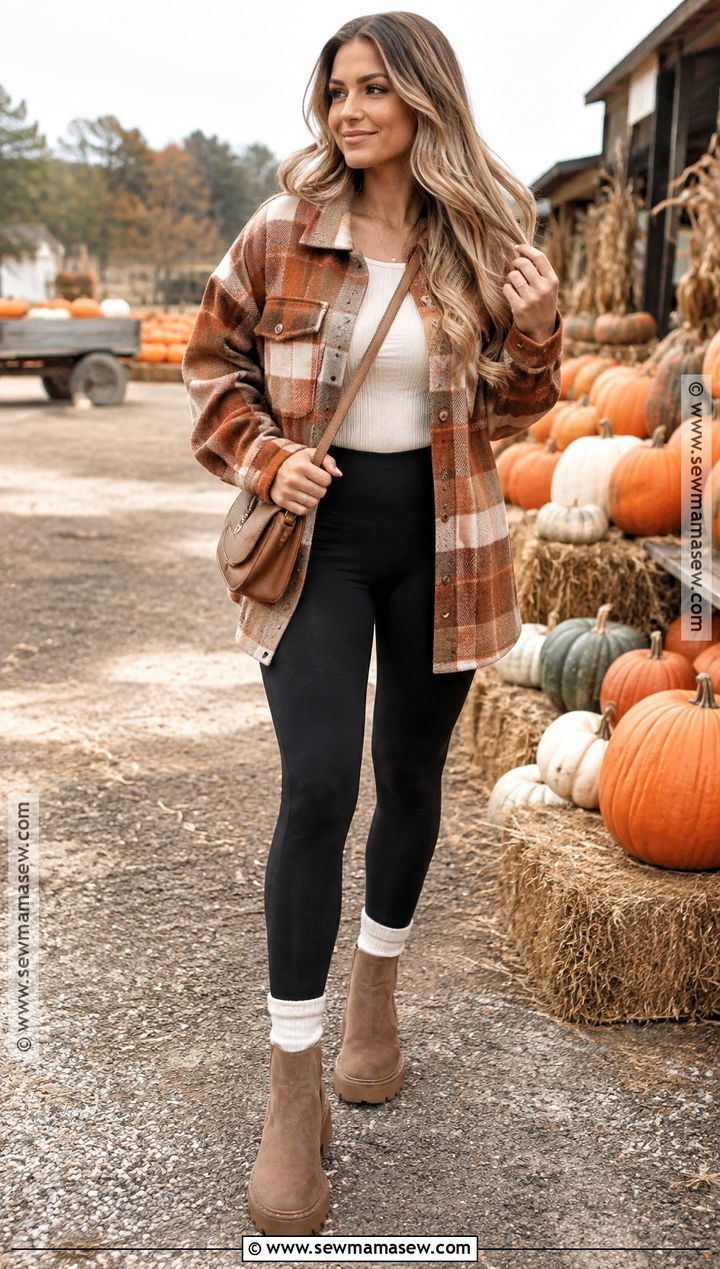 Plaid Shacket and Black Leggings Pumpkin Patch Outfit - 20 Pumpkin Patch Photoshoot Outfits