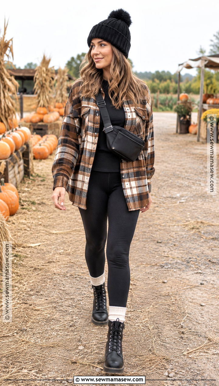 Plaid Shacket and Black Leggings Pumpkin Patch Outfit - 20 pumpkin patch date outfit ideas