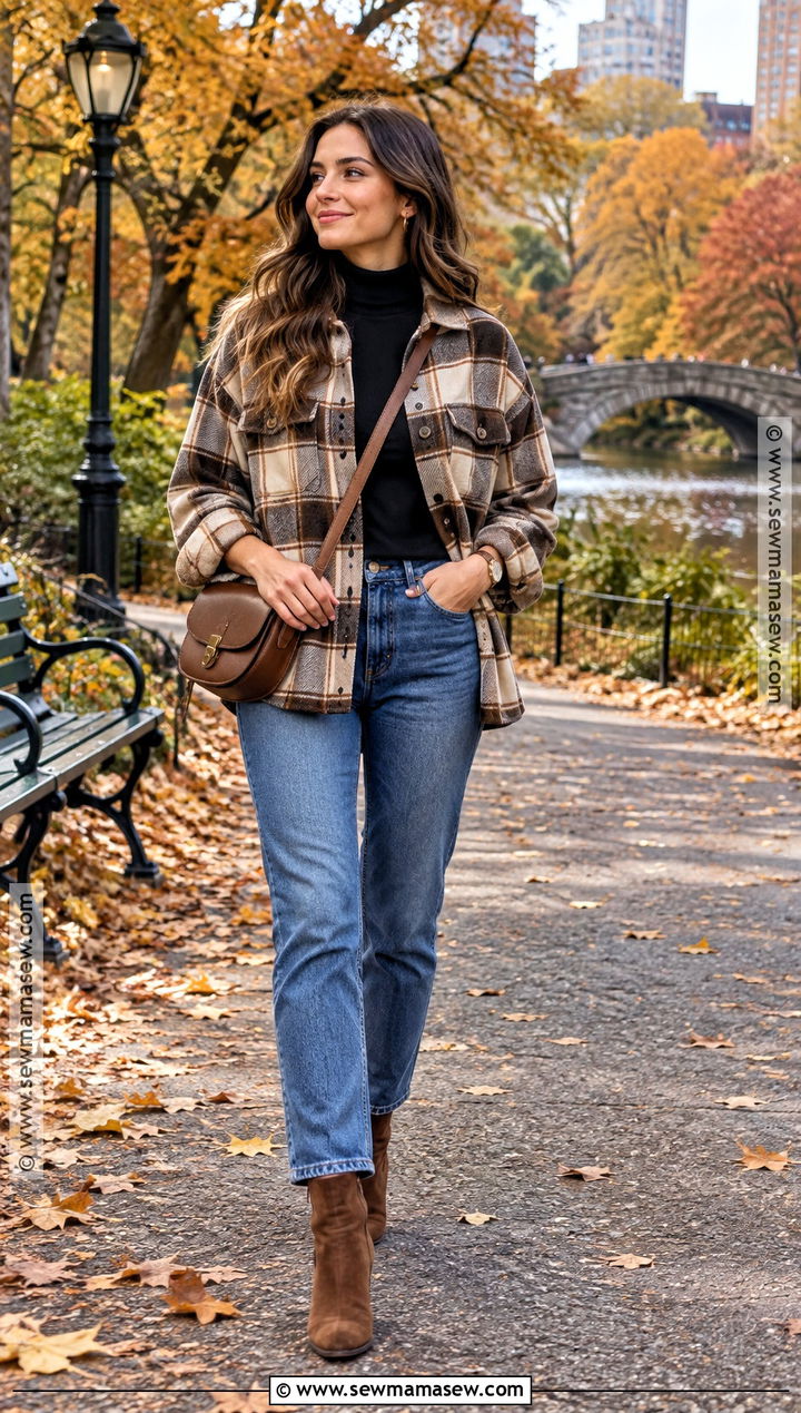 Plaid Shacket and Blue Jeans Outfit - 20 new york in october outfits