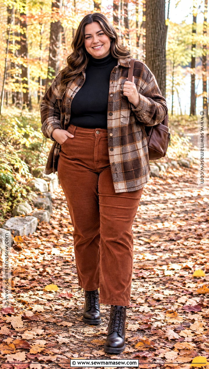 Plaid Shacket and Corduroy Pants Autumn Stroll Outfit - 15 Autumn Stroll Outfit Ideas