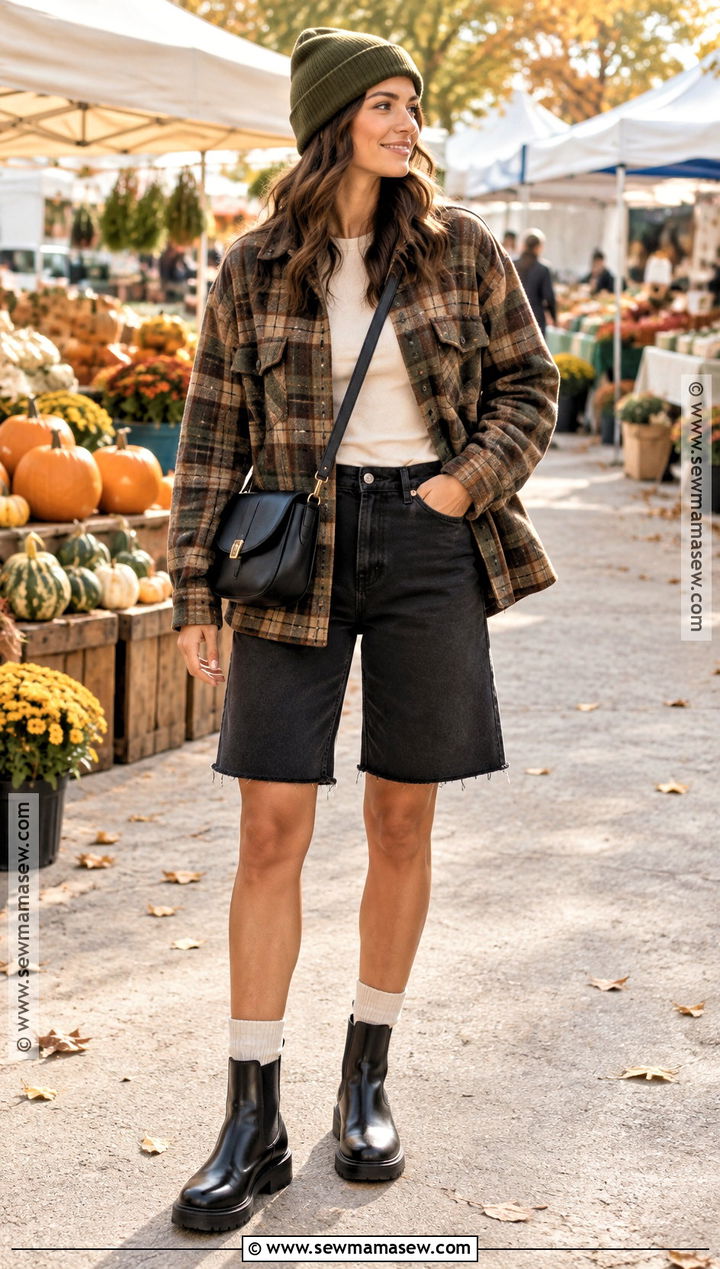 Plaid Shacket and Jorts Outfit - 20 jorts autumn outfit ideas