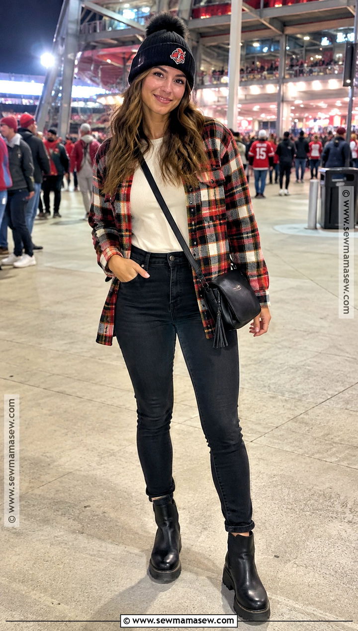 Plaid Shacket and Skinny Jeans Gameday Outfit - 20 fall gameday outfit ideas