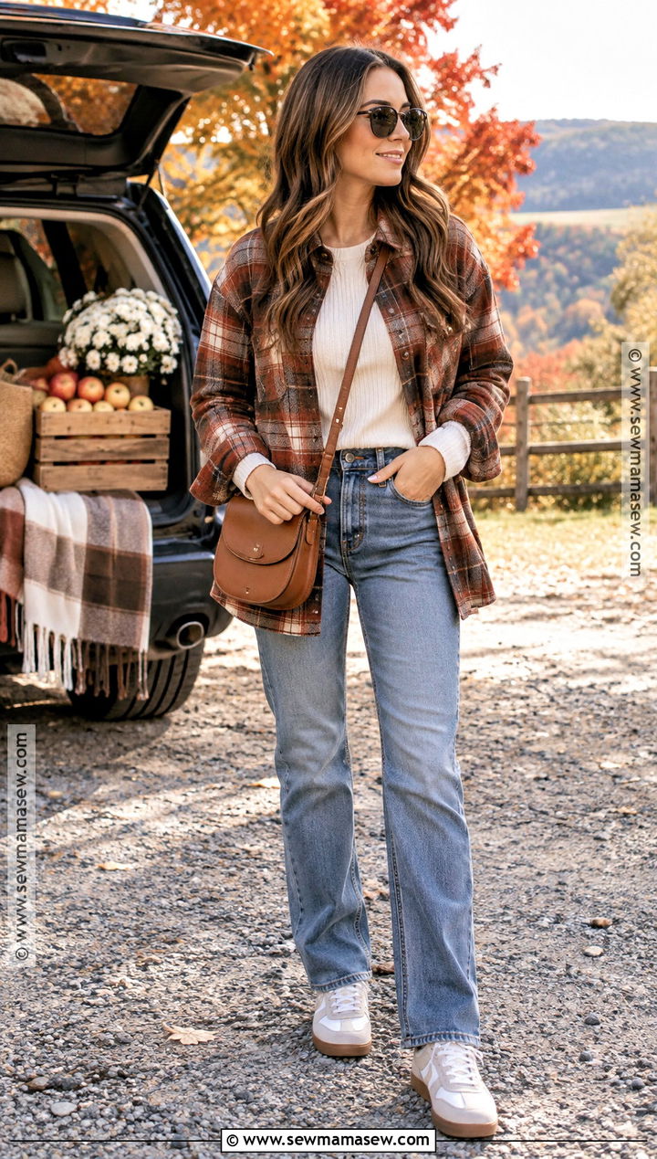 Plaid Shacket and Straight Jeans Fall Road Trip Outfit - 20 fall road trip outfit ideas