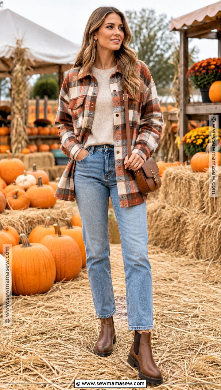 Plaid Shacket and Straight Leg Jeans Pumpkin Patch Outfit - 15 pumpkin patch style ideas