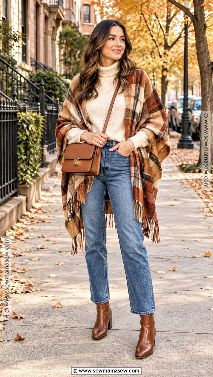 Plaid Shawl With Jeans And Ankle Boots - 20 shawl outfit fall ideas
